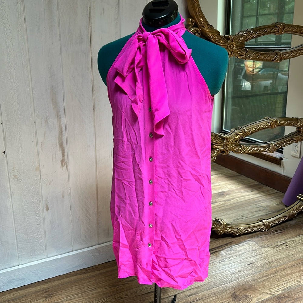 Hot pink pussybow blouse button down mini dress